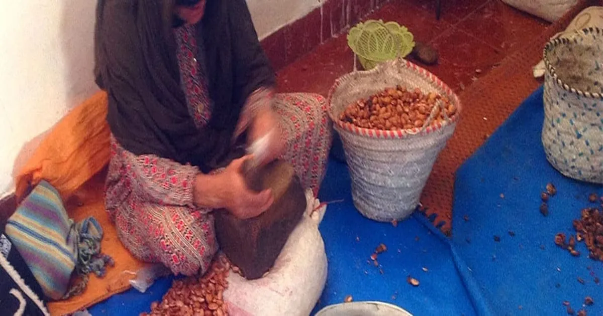 Berber women working in argan oil cooperative, manual nut crushing, traditional cooperative atmosphere, finished products in background 