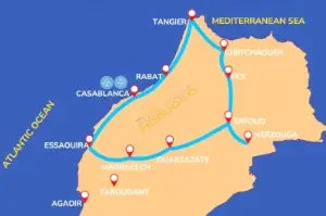 Morocco transport hub cities map showing Casablanca Marrakech Fes Tangier Essaouira connections