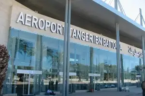 Car rental desk area at Tangier Ibn Battouta Airport showing major rental company counters